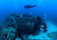 a diver is exploring a plane wreck