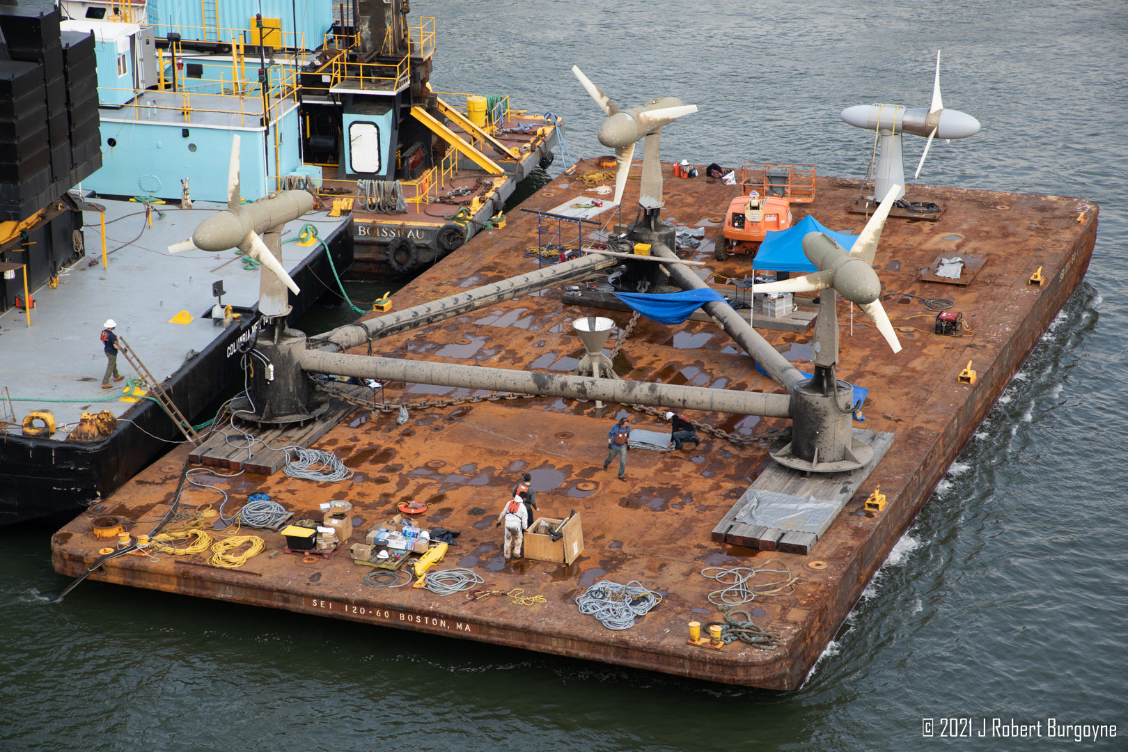Barge with the triangle turbine and new turbine