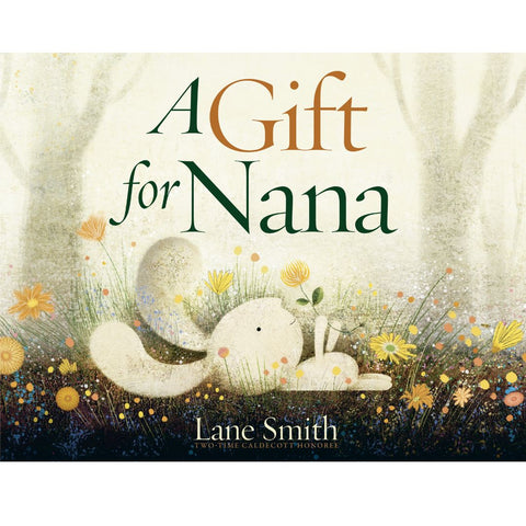 Image of the front cover of a gift for nana. Shows a rabbit lying in the forest looking at a butterfly