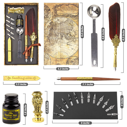 Karhood Quill Pen and Ink Set - Feather Calligraphy Dip Pen with Wax Seal  Stamp Kit and 5 Nibs (Red)