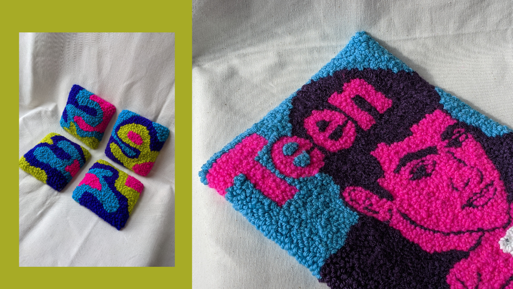 This is two images against a chartreuse background. The left image is a set of four punch needle coasters featuring a lava lamp-inspired design. The second is a punch needle teen magazine recreation. dancing arms punch needle embroidery, handmade in Los Angeles, California.