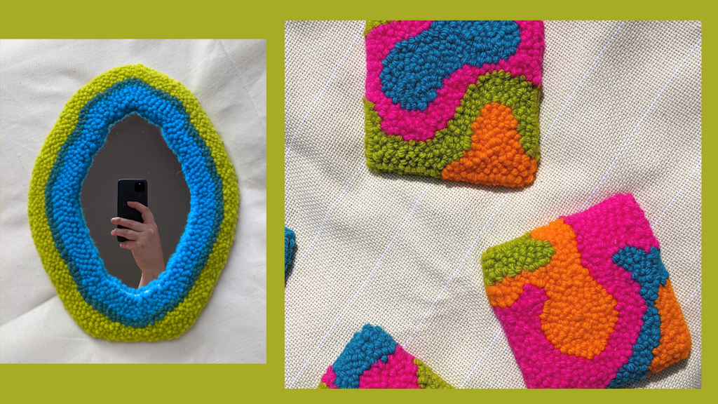 This is two images next two each other on a chartreuse background. The left image is an image of a mirror with a punch needle frame and a white hand holding a phone in the reflection. The right image is a set of four punch needle coasters in a lava lamp--inspired design. dancing arms punch needle embroidery, handmade in Los Angeles, California.