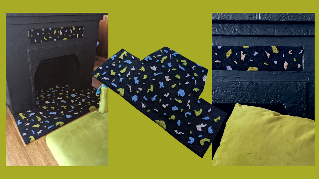 This is three images on a chartreuse background. The first image is a black fireplace and mantle with a punch needle terrazzo-inspired rug inset and a matching rug on the ground. In the foreground is a chartreuse velvet couch. The middle image has the background removed and features the same terrazzo-inspired rug. The third image is a close up shot of the punch needle inset. dancing arms punch needle embroidery, handmade in Los Angeles, California.