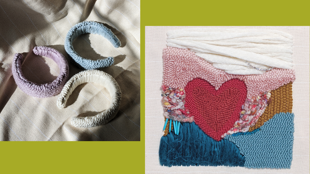This is two images against a chartreuse background. The left image is three punch needle headbands, one baby blue, one lavender, and one ivory, laid next to one another. The right image is an abstract fiber art piece featuring fibers of varied textures and colors surrounding a punch needle red heart. dancing arms punch needle embroidery, handmade in Los Angeles, California.