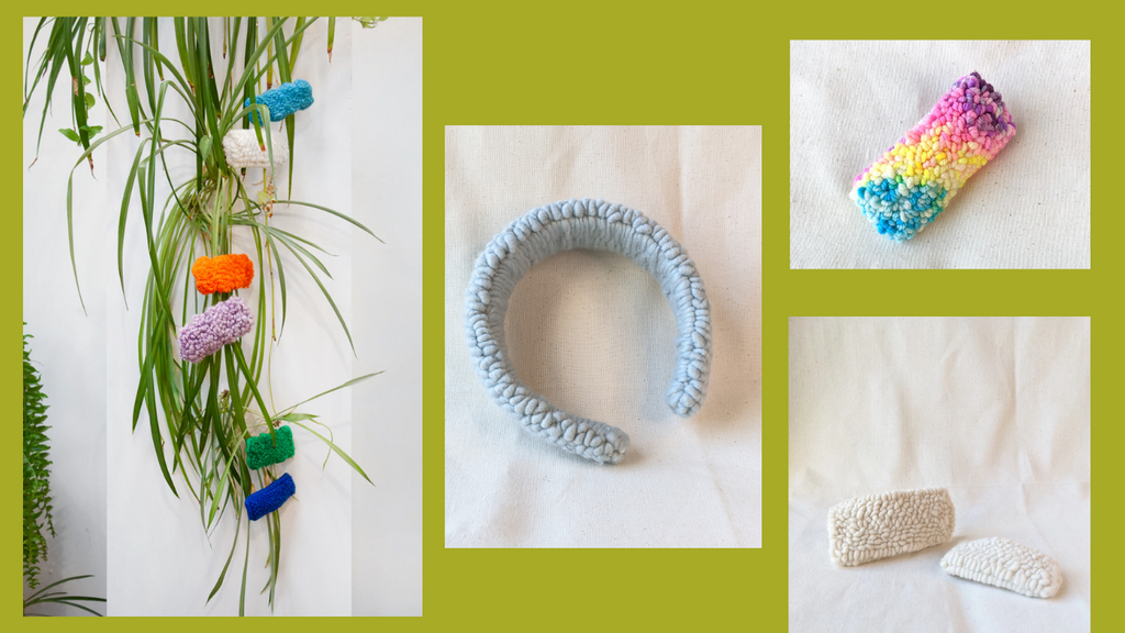 This is a series of images of punch needle hair accessories against a chartreuse background. The first image is a series of bubble punch needle hair barrettes on a spider plant. The middle image is a baby blue punch needle headband. The top left image is a rainbow gradient punch needle barrette. The bottom left image is two ivory punch needle barrettes in different sizes.  dancing arms punch needle embroidery, handmade in Los Angeles, California.