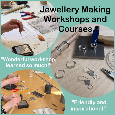 images of jewellery making workshops in progress with quotes "wonderful workshop, learned so much!", "friendly and inspirational"