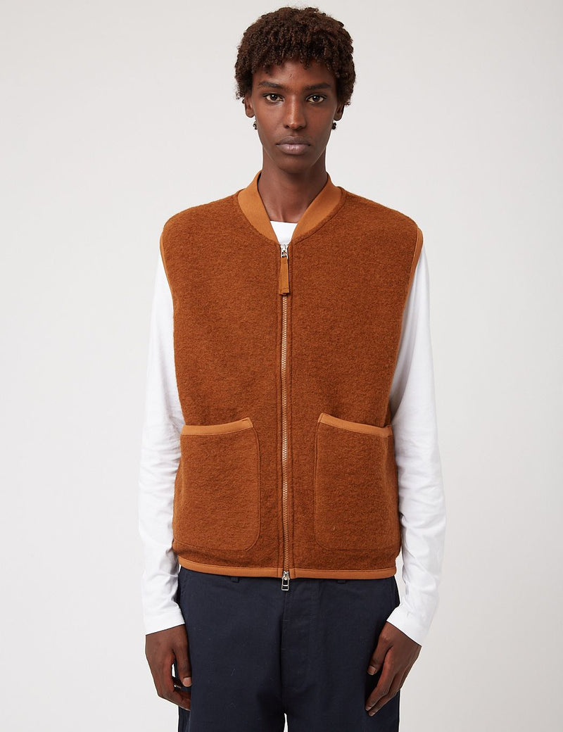 Universal Works Zip Waistcoat (Wool Fleece) - Rust Brown | Article.