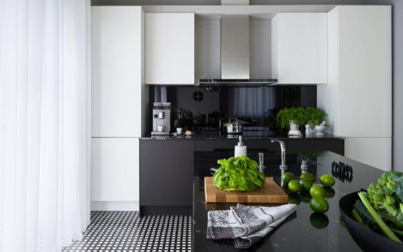 Black and white kitchen with island