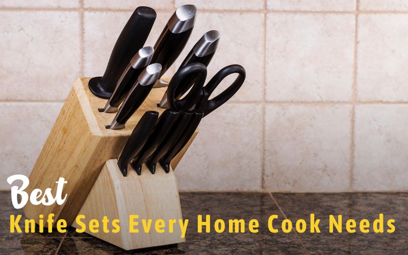 Knife set with wooden block on the kitchen countertop