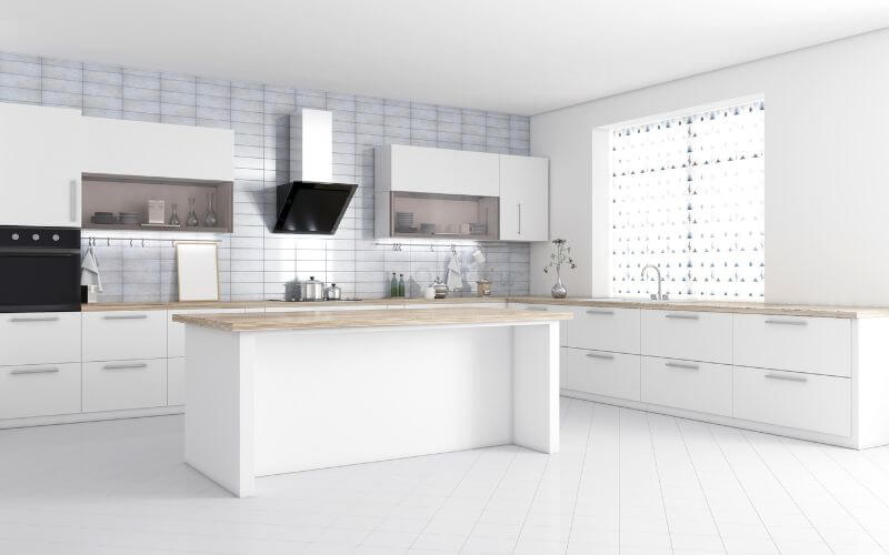 Kitchen with White floor tiles