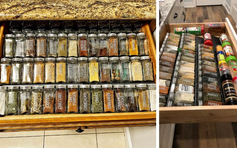 Spice Drawer Organizer, 4 Tiers 2 Set Clear Slanted in Drawer Seasoning Jars Insert, Expandable from 13 inch to 26 inch, Hold Up 56 Spice Jars Kitchen