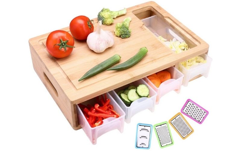 Shinestar Bamboo Cutting Board with Containers, Sturdy Meal Prep Station for Kitchen, Includes 4 Graters, 4 Trays with Lids - Easy Food Storage