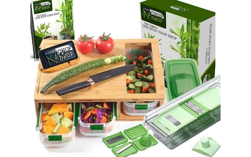 FISHSUNDAY Extensible Bamboo Cutting Board Set with 4 Containers for  Kitchen with Juice Groove, Eco-friendly Chopping and Serving Board for