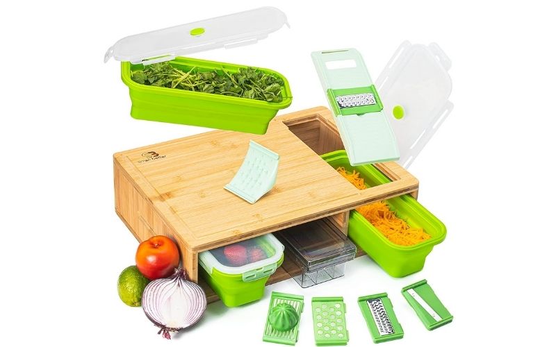 ecozoi Extra Large Bamboo Cutting Board with Containers, Wood Cutting Board  with 4 Slide Out Trays, Eco Friendly Non Slip Chopping Board, Wooden