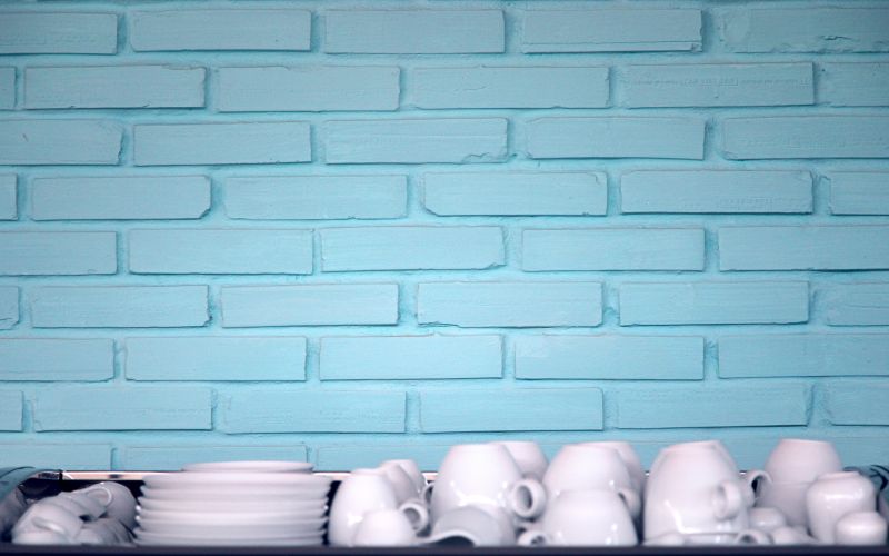 Sky blue bricks kitchen wall