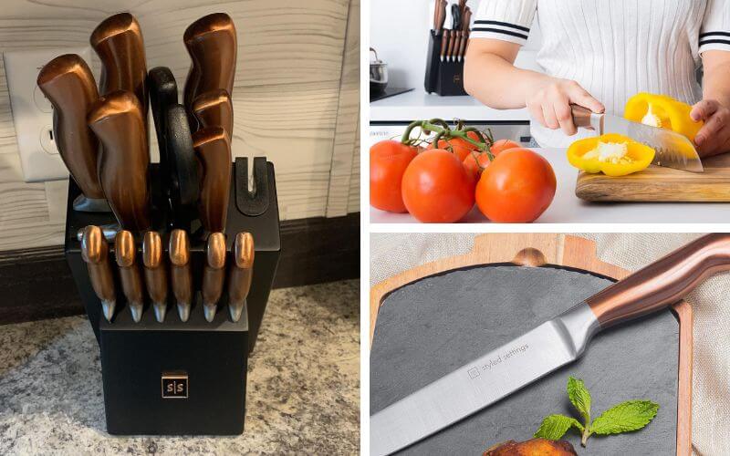 Styled Settings 14-Piece Self-Sharpening Copper Knife Block Set