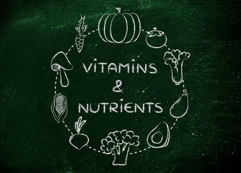 Chalk board of vitamins and nutrients as part of nutrition in pregnancy blog on Be Active Maternity activewear site.