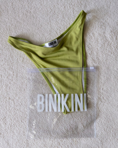 binikini swim avocado green bikini in waterproof packaging. Bikini care tips. Tips for caring for your bikini. 