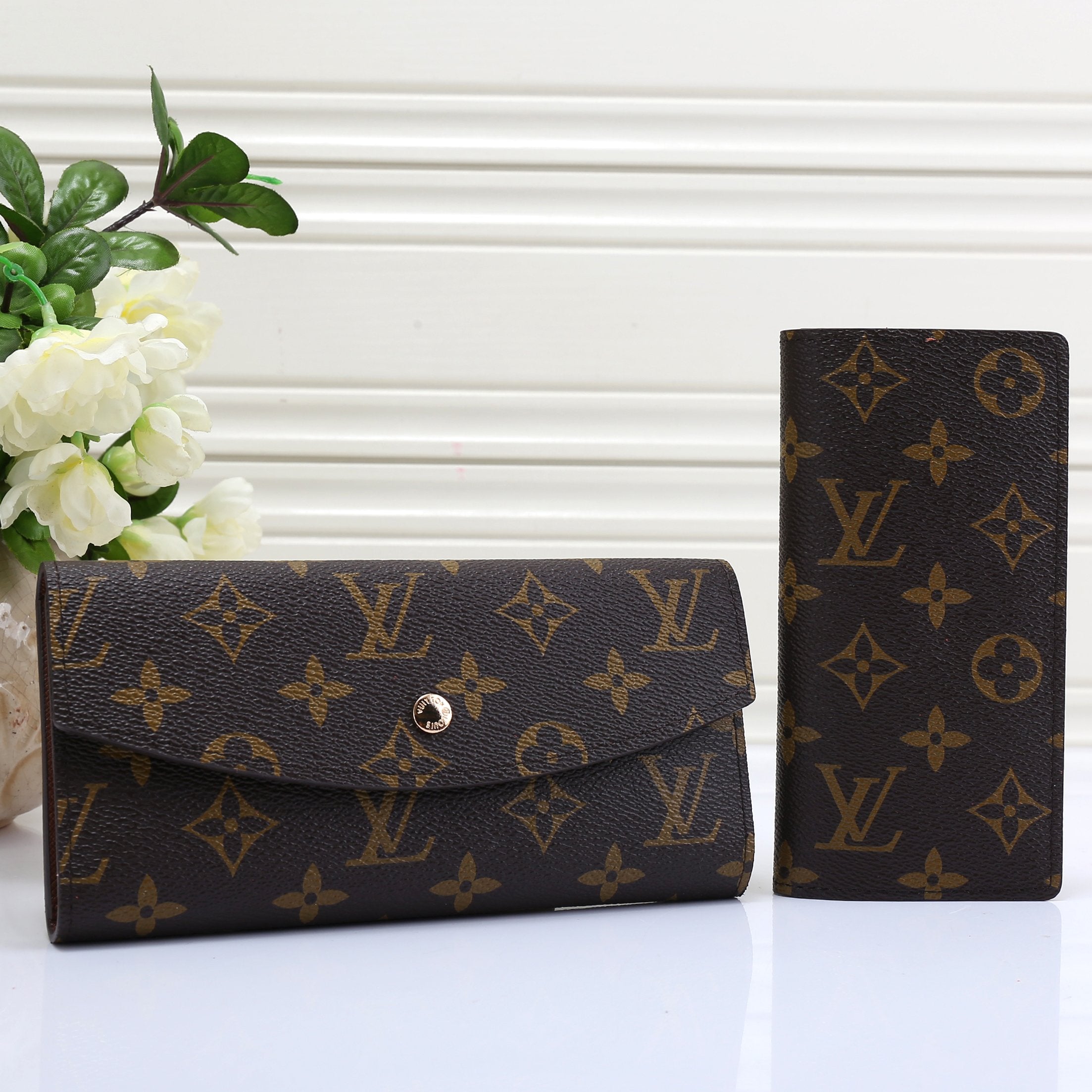 Louis Vuitton LV Classic Leather Print Wallet Purse Two Piece Set