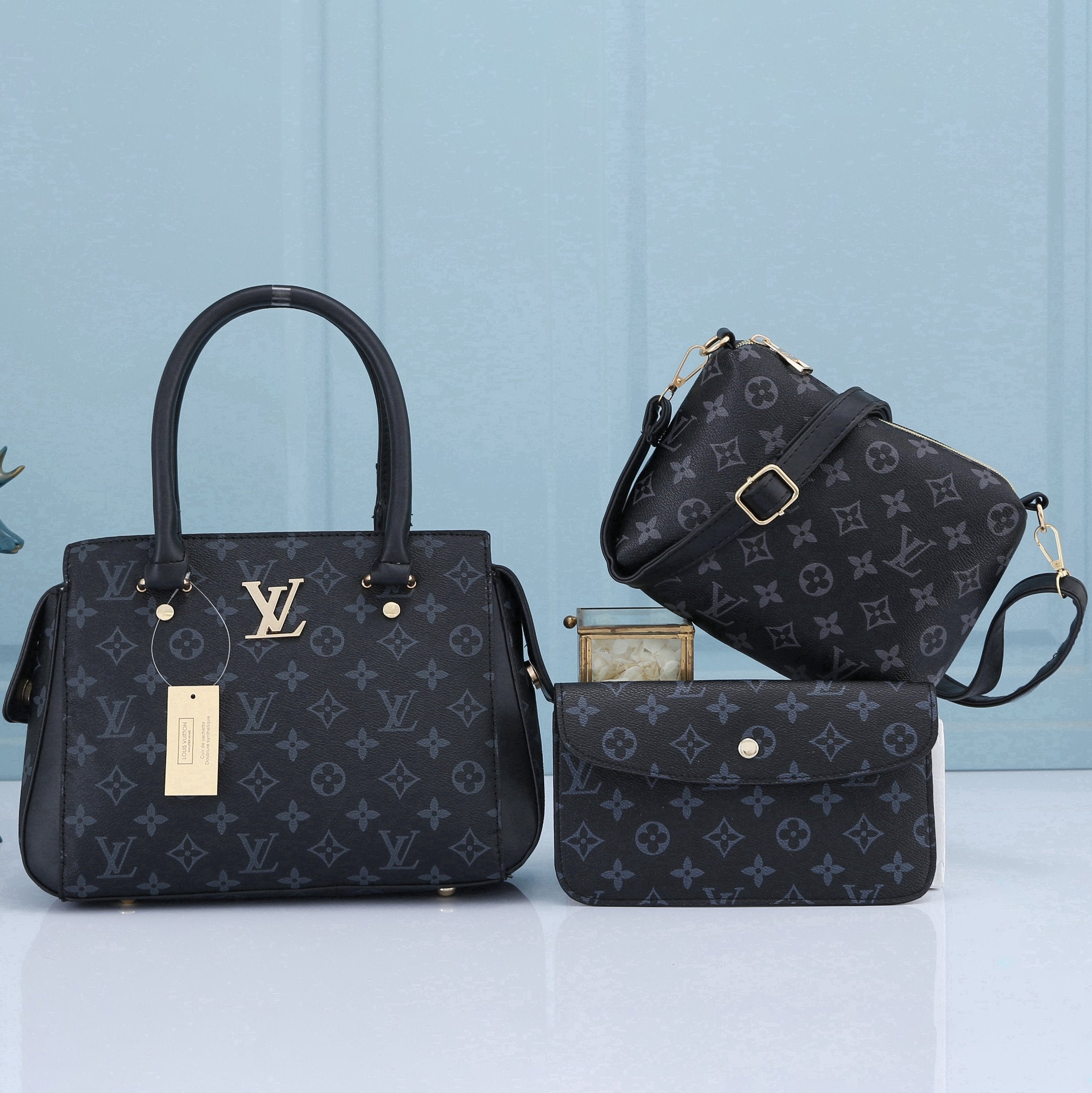 LV Louis Vuitton Fashion Leather Handbag  Satchel Tote 3 Piece Set