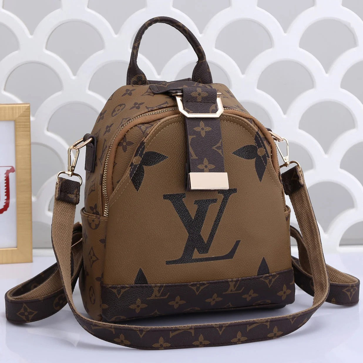 LV Louis Vuitton Vintage Letter Print Patchwork Color Backpack School