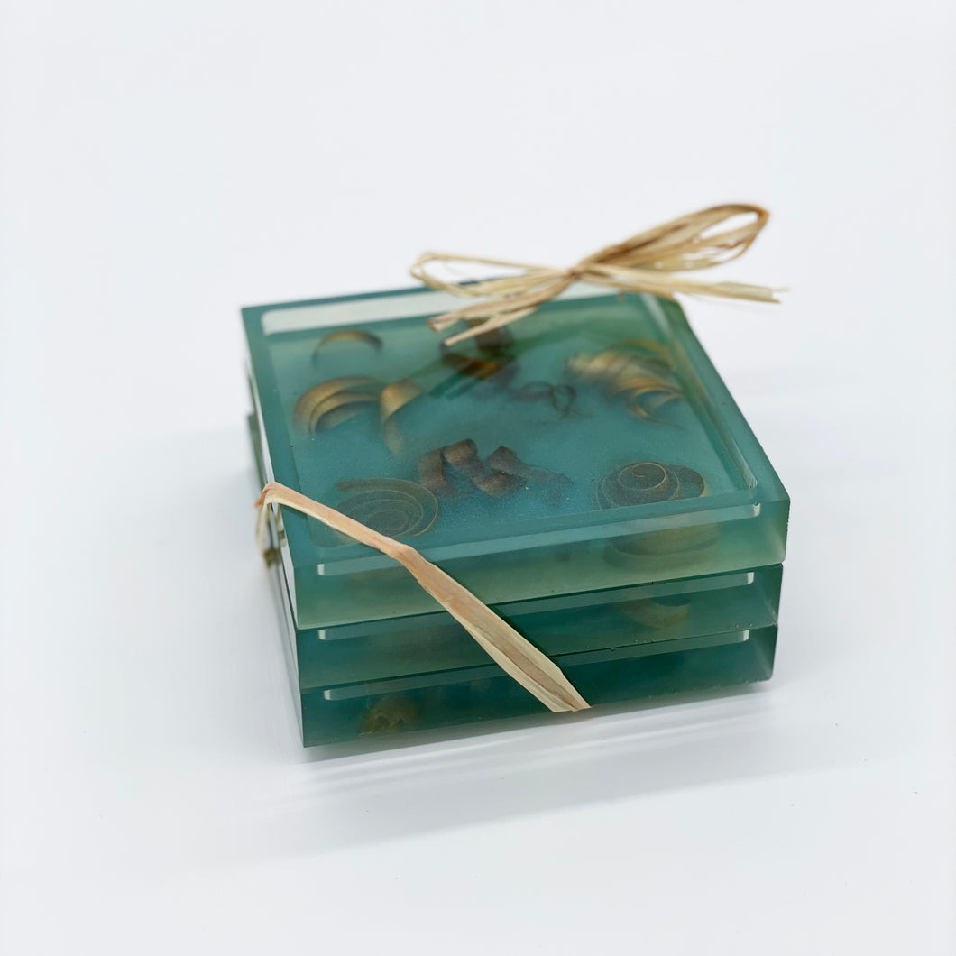 Coaster / Soap Dish Set (3) - Aqua Tint with Poplar Wood Curls