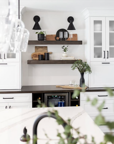 White kitchen, coffee bar, white coffee bar with wood shelves and black lights