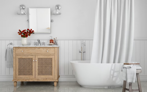 White bathtub with wooden cabinet