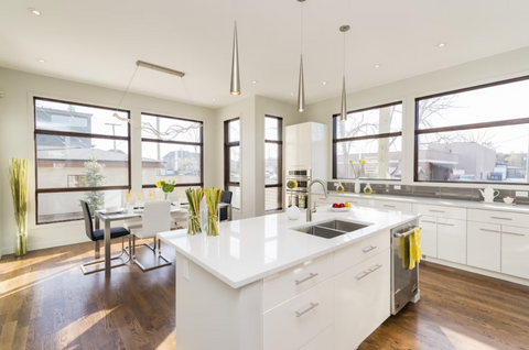 Large kitchen with windows