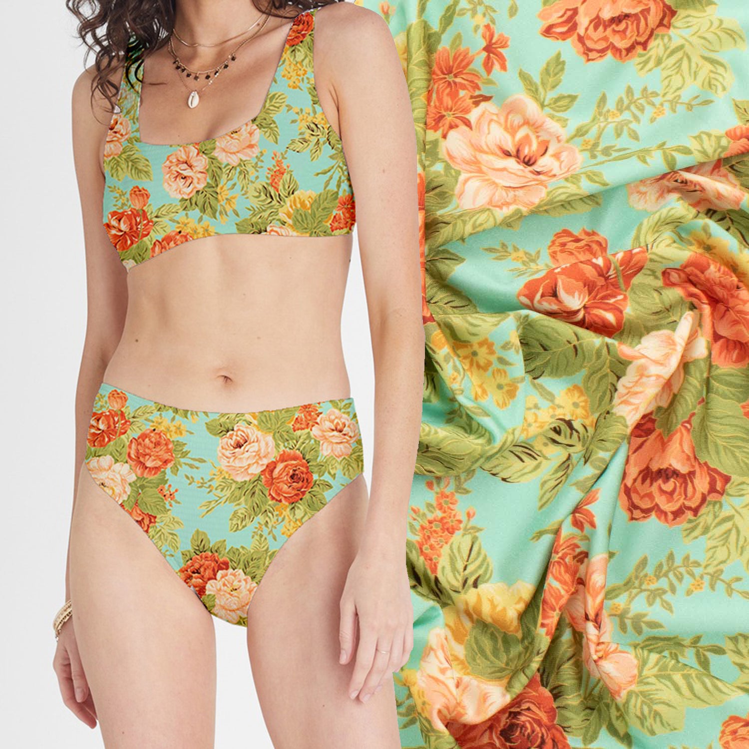 Premium Digital Printed Swimwear Lycra Turquoise Flowers