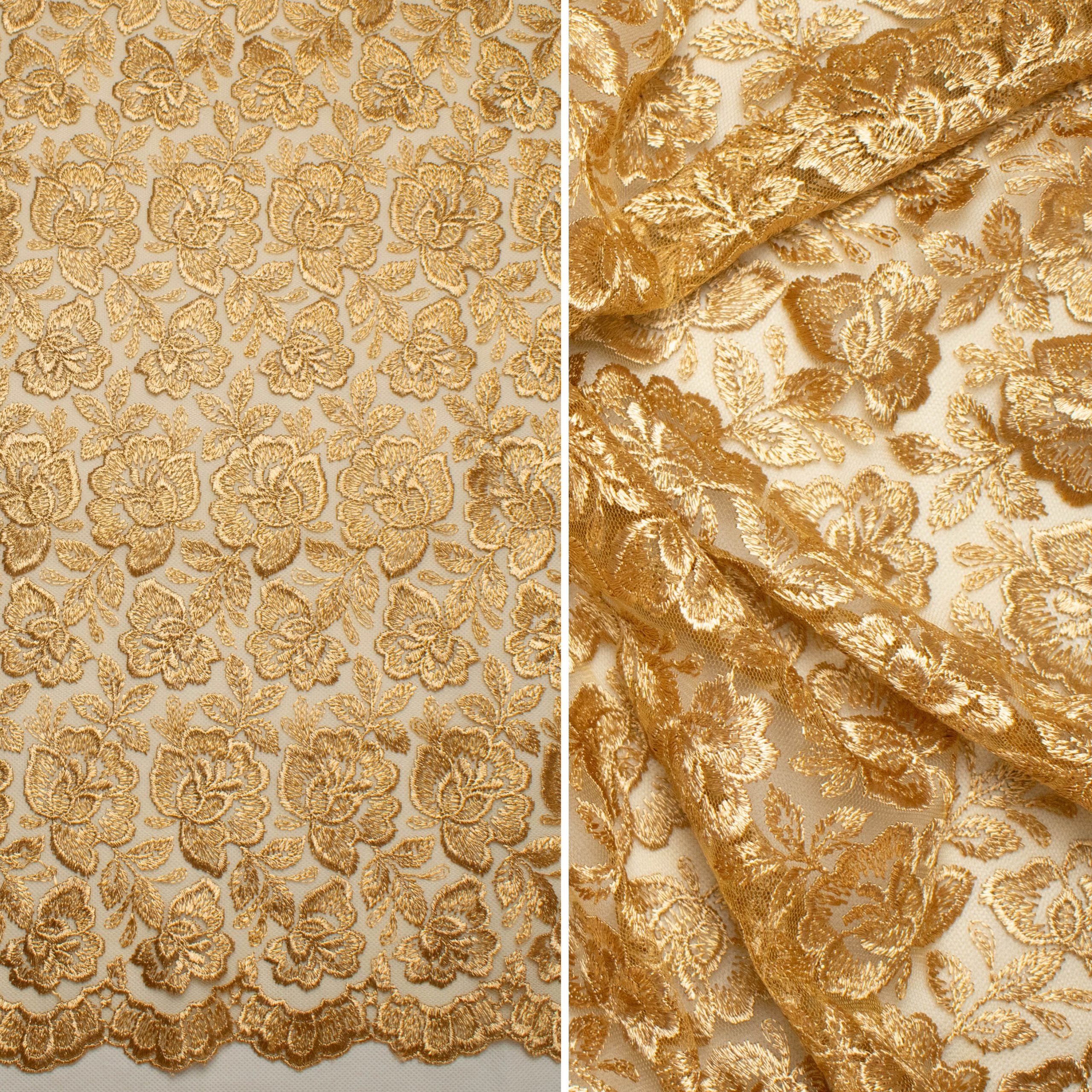 Lace Fabric - Yellow - Floral Mesh Fancy Lace Design Fabric By The Yard