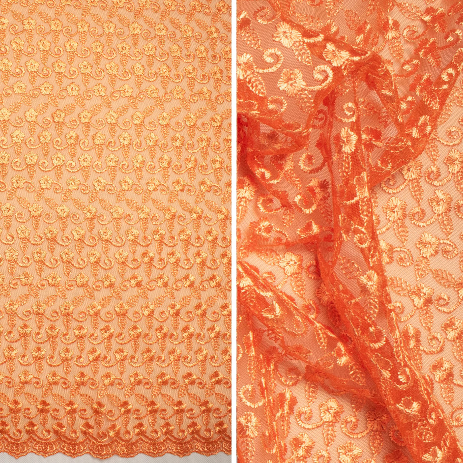 Orange Net Fabric Lace Trim with Floral Embroidery in Orange, Lace Trim,  Sari Border