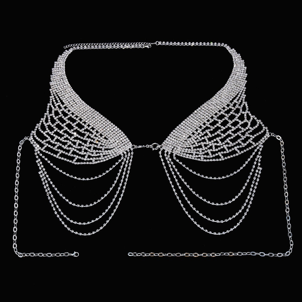 Tassel Underwear Rhinestone Bra Thong Lingerie Body Chain for