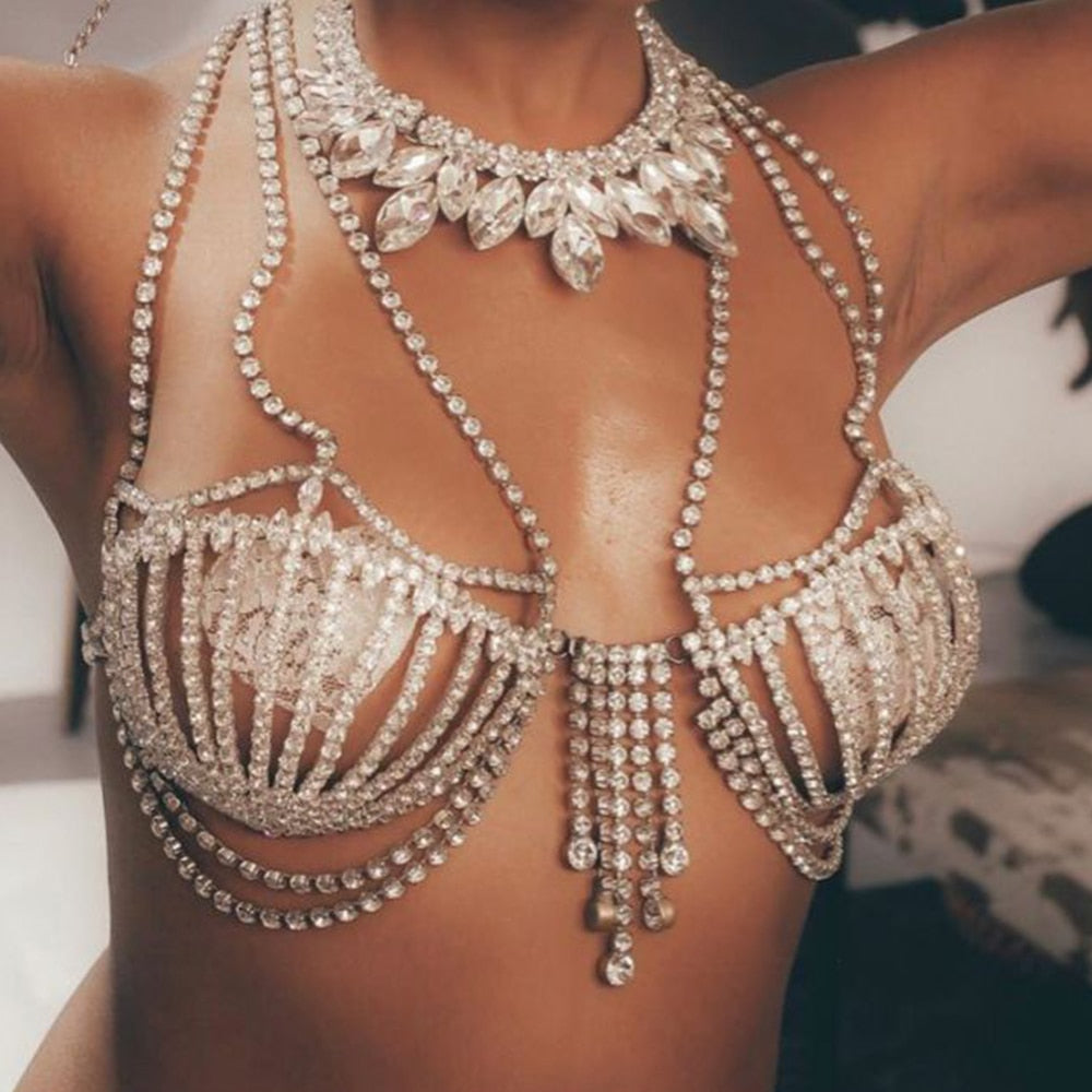 Sea Shell Bra Top Woman Crystal Lingerie Chain Apparel Stripper Outfit  Dancewear