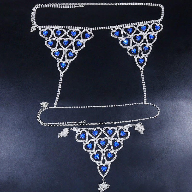 Women Body Belly Chain Bra Body Jewelry - Blue Crystal Rhinet Body Chain  Necklace for Beach Party Decor 