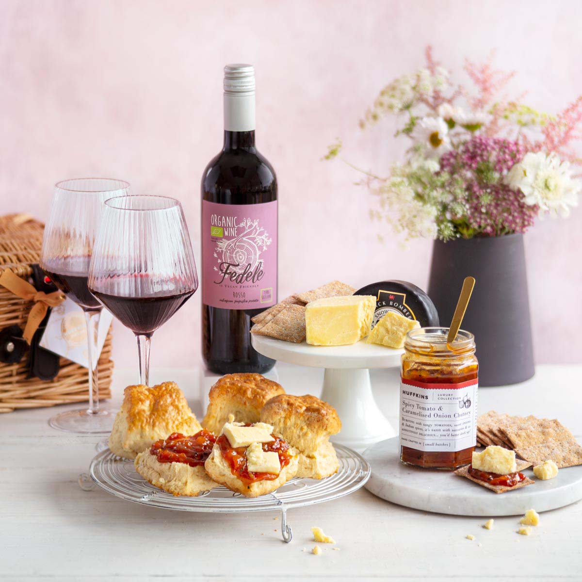 Huffkins luxury hamper with cheese, red wine and savoury scones