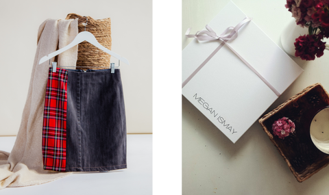 red tartan recycled denim mini skirt and luxury gift box