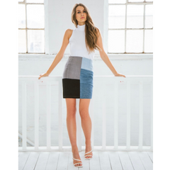 white organic bamboo top and recycled denim skirt