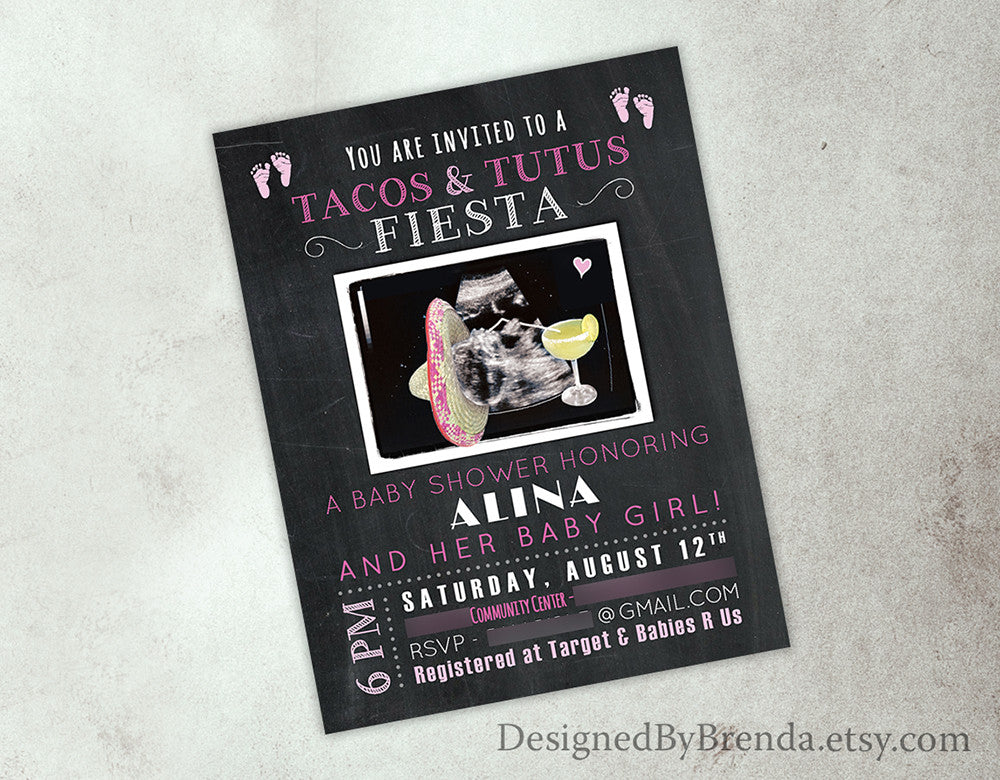 Chalkboard Tacos Tutus Fiesta Baby Shower Invitation With