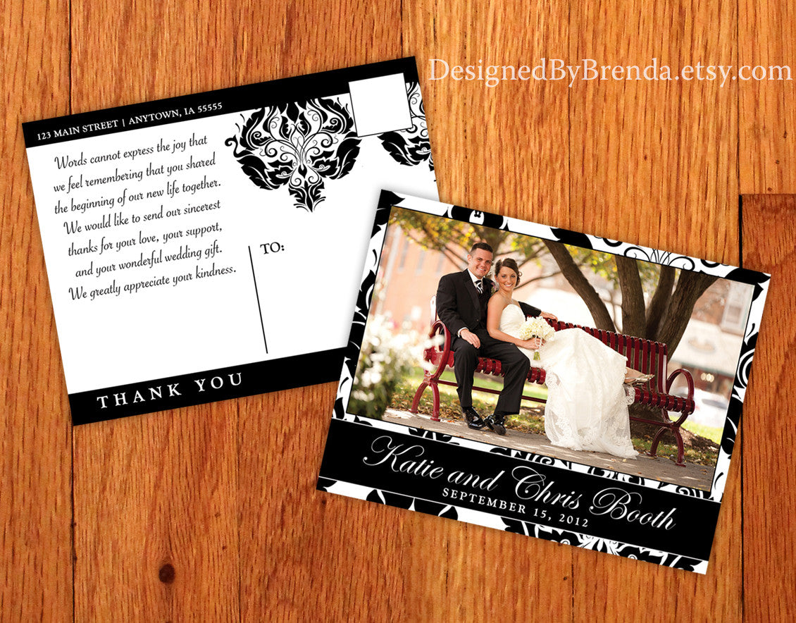 Black White Damask Wedding Thank You Cards Designed By Brenda