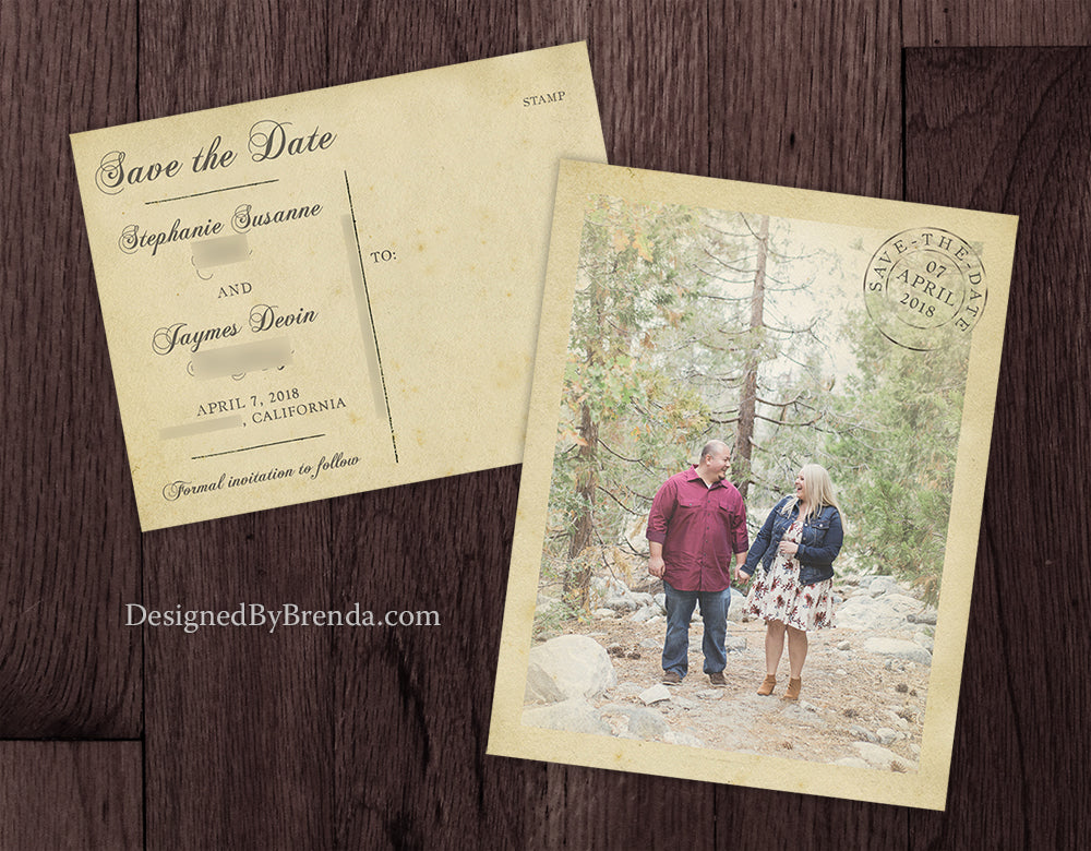 vintage save the date postcards with rustic postmark and old photo