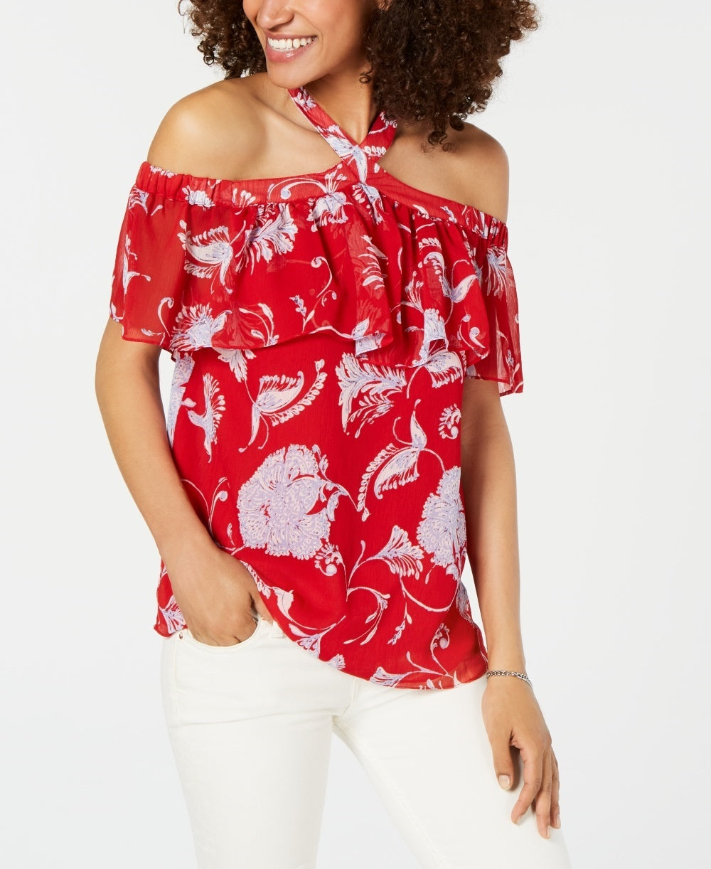 Tommy Hilfiger Women's Printed Flounce Top Red Size X-Small