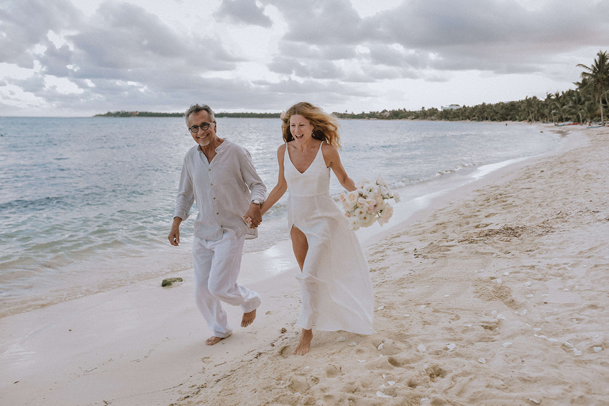 Detail from Amy Segal's petite wedding dress and a wedding ceremony in Tulum