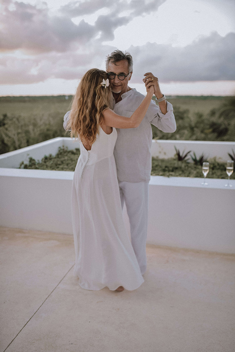 Detail from Amy Segal's petite wedding dress and a wedding ceremony in Tulum