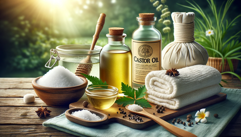 Informative image for a blog post on castor oil packs, featuring a bottle of organic, cold-pressed castor oil, a wool or cotton flannel, and a hot water bottle or heating pad. A small bowl with a baking soda and water mixture is also present for skin cleansing. The serene, natural background, possibly depicting a spa setting with medicinal herbs, emphasizes the holistic and therapeutic nature of castor oil packs. The overall ambiance of the image is soothing and health-focused, highlighting the natural healing properties of the treatment.