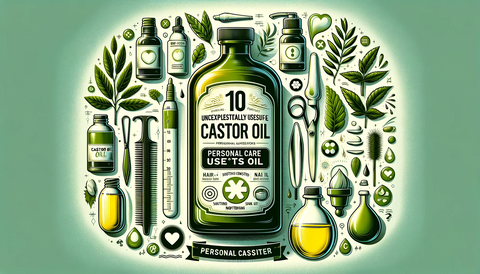 Top image for a blog post titled '10 Unexpectedly Useful Personal Care Uses for Castor Oil', featuring a natural and green color theme. The image includes a bottle of castor oil amidst symbols of personal care: imagery for hair and nail treatments, and icons representing health benefits such as soothing constipation and moisturizing skin. The design is clean, professional, and devoid of any text, emphasizing the diverse applications of castor oil in a holistic, health-focused setting.