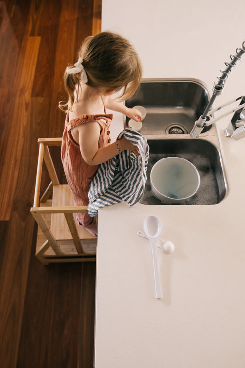 Bamboo Helper and little child at the bathroom bench