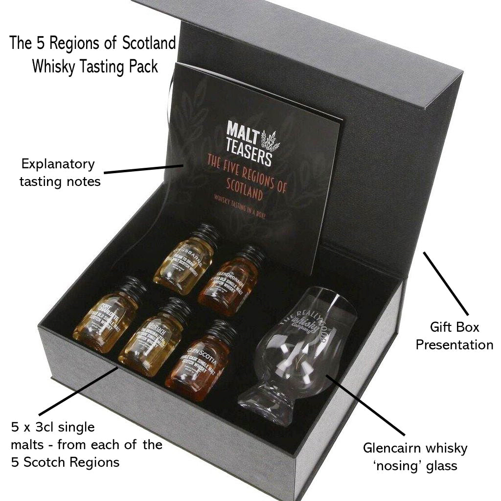 The Five Regions of Scotland Whisky Tasting Gift Set with Glencairn Whisky Glass - 5 x 3cl Single Malt Whisky Gift  42%