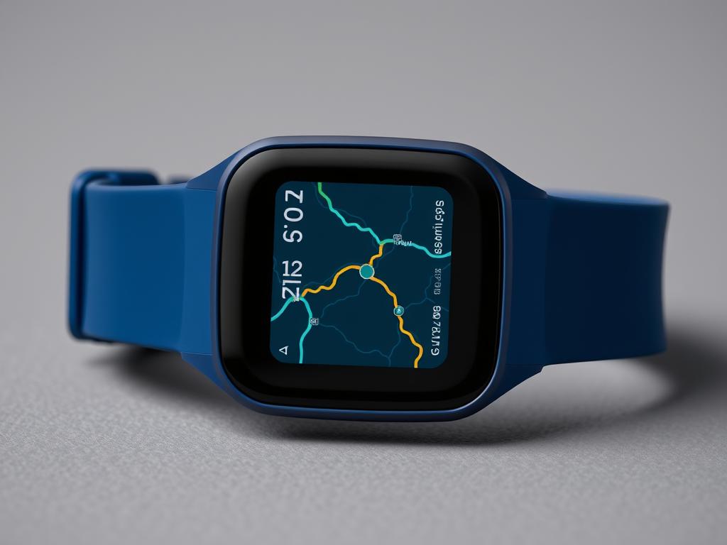 Reloj inteligente Fitbit Versa 3 en azul marino que muestra el mapa GPS durante el ejercicio.