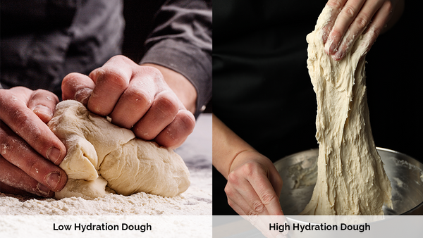 A side-by-side comparison of low-hydration and high-hydration dough